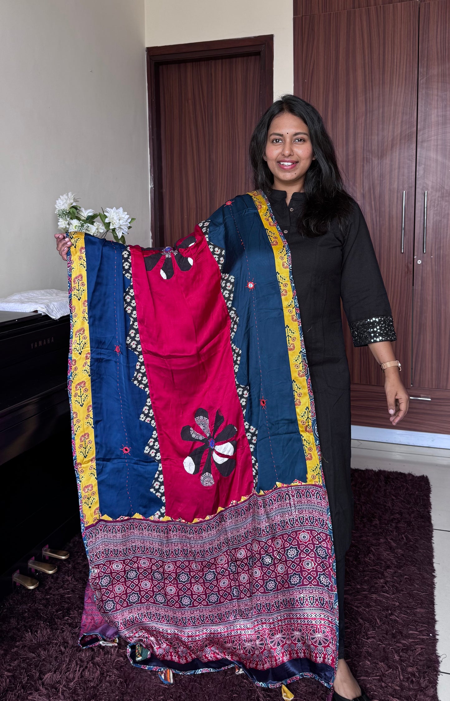Navy Blue Base Ajrakh Applique Patchwork Modal Silk Dupatta with Mirror Work