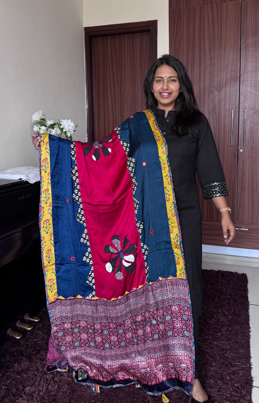 Navy Blue Base Ajrakh Applique Patchwork Modal Silk Dupatta with Mirror Work