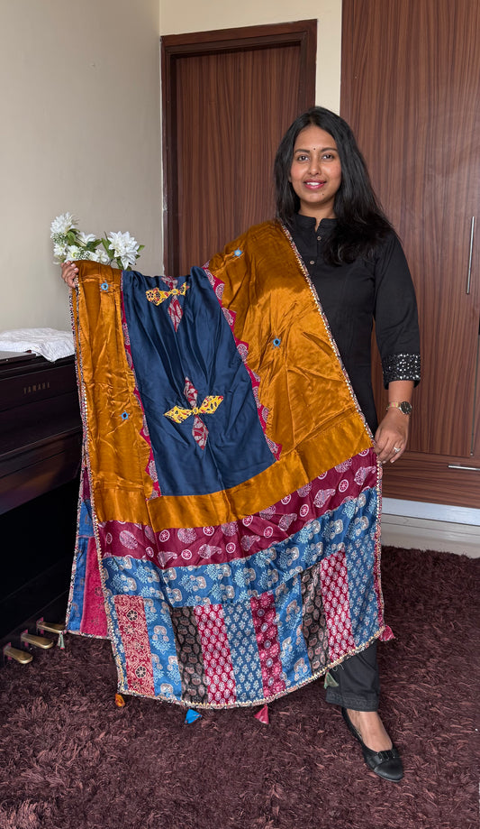 Jaggery Caramel Base Ajrakh Applique Patchwork Modal Silk Dupatta with Mirror Work