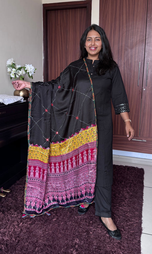Black Ajrakh Patchwork Modal Silk Dupatta with Mirror Work