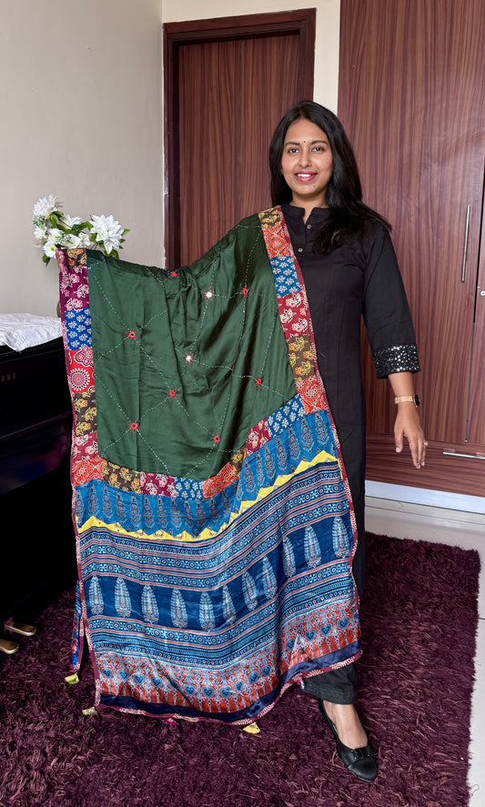 Forest Green Ajrakh Patchwork Modal Silk Dupatta with Mirror Work