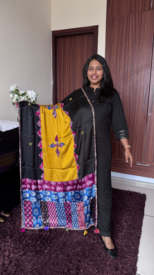 Black Ajrakh Applique Patchwork Modal Silk Dupatta with Mirror Work