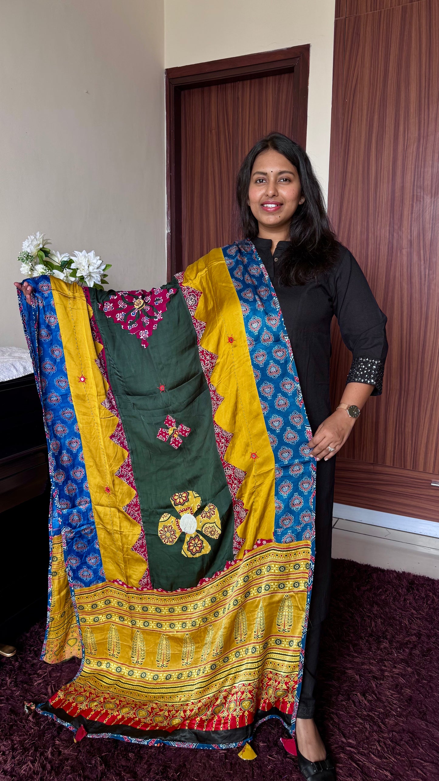 Dark Mustard Ajrakh Applique Patchwork Modal Silk Dupatta with Mirror Work