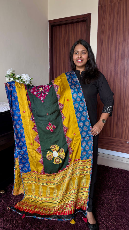 Dark Mustard Ajrakh Applique Patchwork Modal Silk Dupatta with Mirror Work