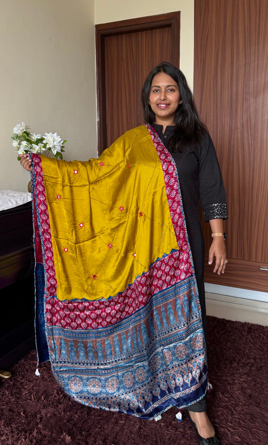 Dark Mustard Ajrakh Patchwork Modal Silk Dupatta with Mirror Work