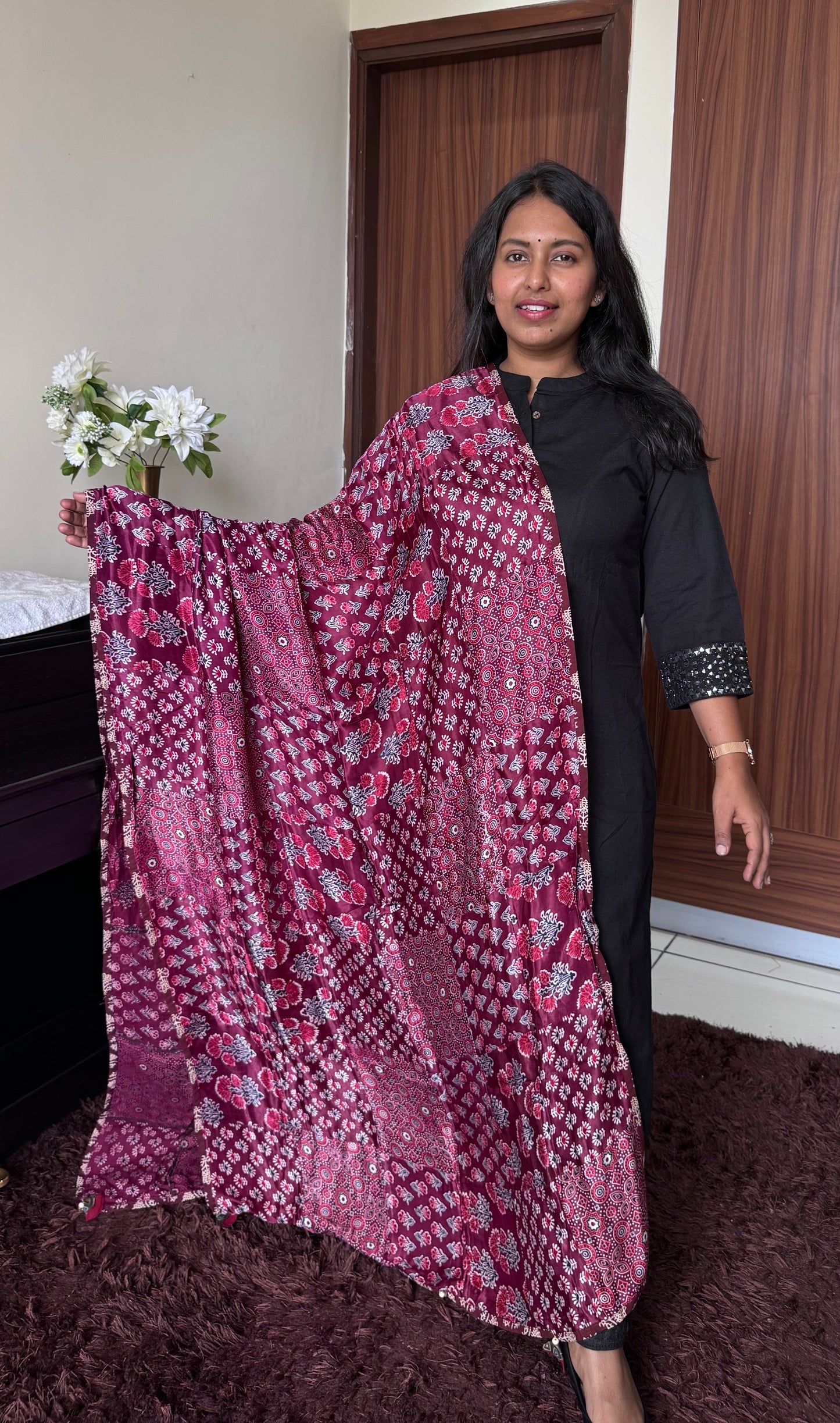 Magenta Shade Ajrakh Applique Patchwork Modal Silk Dupatta