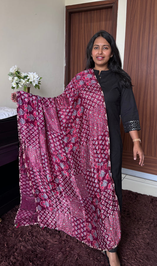 Magenta Shade Ajrakh Applique Patchwork Modal Silk Dupatta