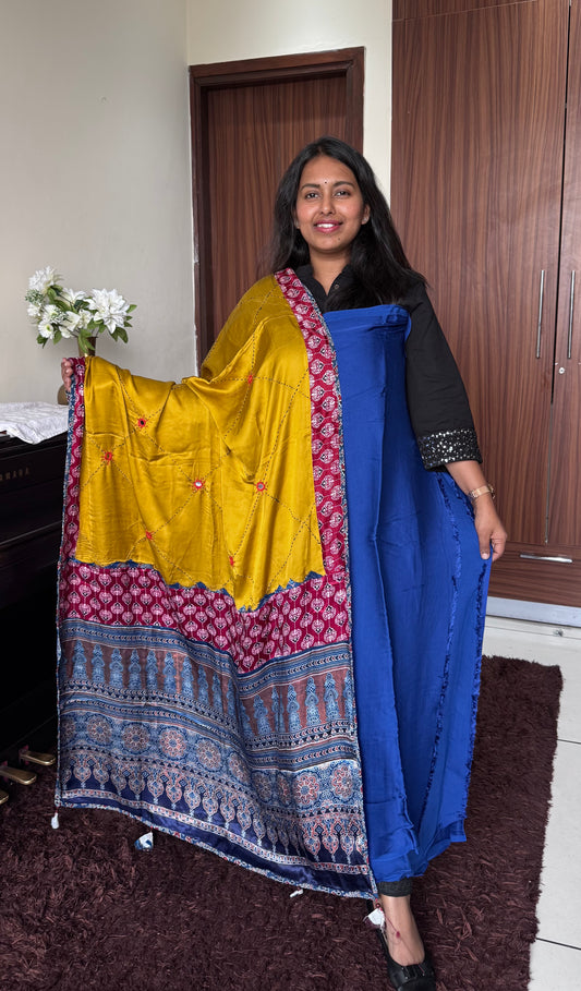 Navy Blue Solid Shade Modal Silk 2pc Suit Material with Dark Mustard Ajrakh Patchwork Modal Silk Dupatta
