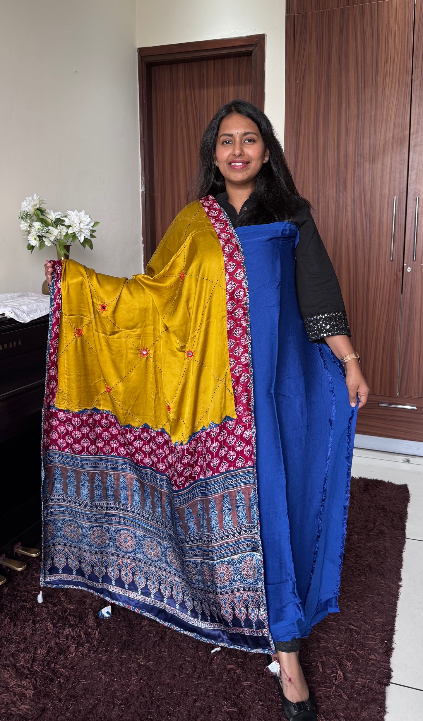 Blue Solid Shade Modal Silk Suit Material with Multi Shade Modal Silk Dupatta with Mirror Work