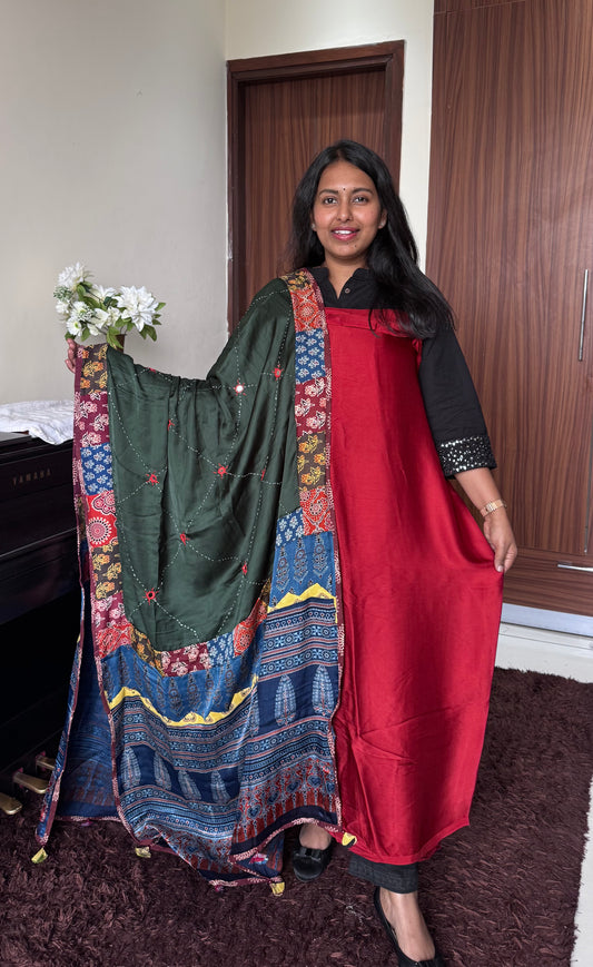 Red Solid Shade Modal Silk 2pc Suit Material with Kai Green Ajrakh Patchwork Modal Silk Dupatta