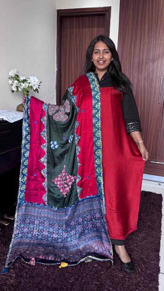 Red Solid Shade Modal Silk 2pc Suit Material with Red Base Ajrakh Applique Modal Silk Dupatta