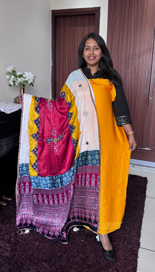Haldi YellowSolid Shade Modal Silk 2pc Suit Material with Multicolor Ajrakh Applique Modal Silk Dupatta