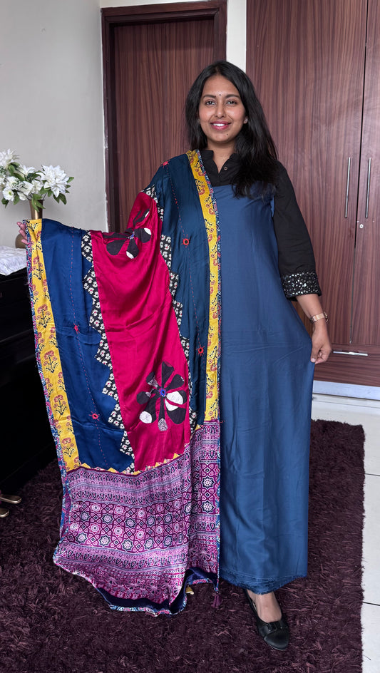 Dark Blue Solid Shade Modal Silk 2pc Suit Material with Dark Blue Base Ajrakh Applique Modal Silk Dupatta