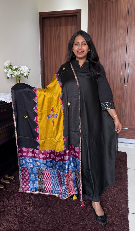Black Solid Shade Modal Silk 2pc Suit Material with Black Base Ajrakh Applique Modal Silk Dupatta