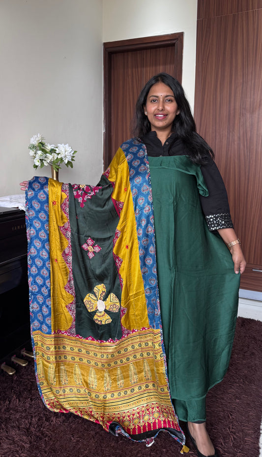 Forest Green Solid Shade Modal Silk 2pc Suit Material with Multicolor Ajrakh Applique Modal Silk  Dupatta