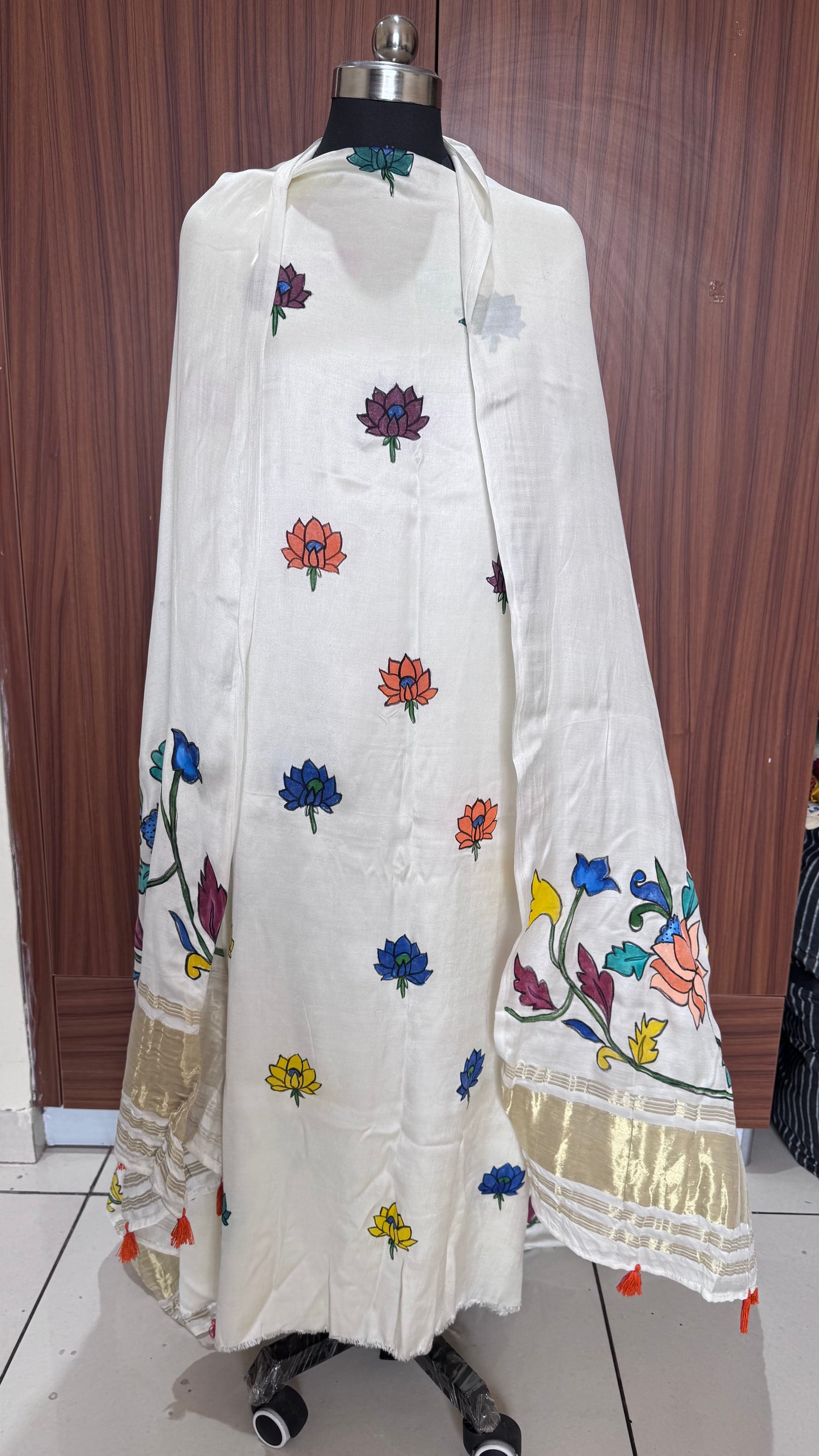 Off White Lotus Motif Hand Painted 2 Piece Suit Material with Modal Silk Lagdi Patti Dupatta