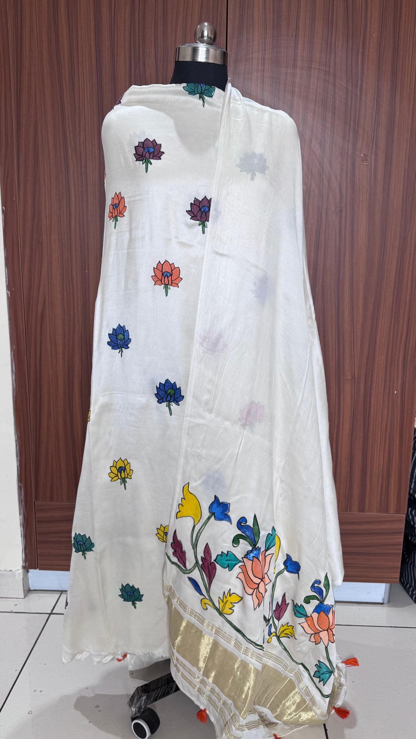Off White Lotus Motif Hand Painted 2 Piece Suit Material with Modal Silk Lagdi Patti Dupatta