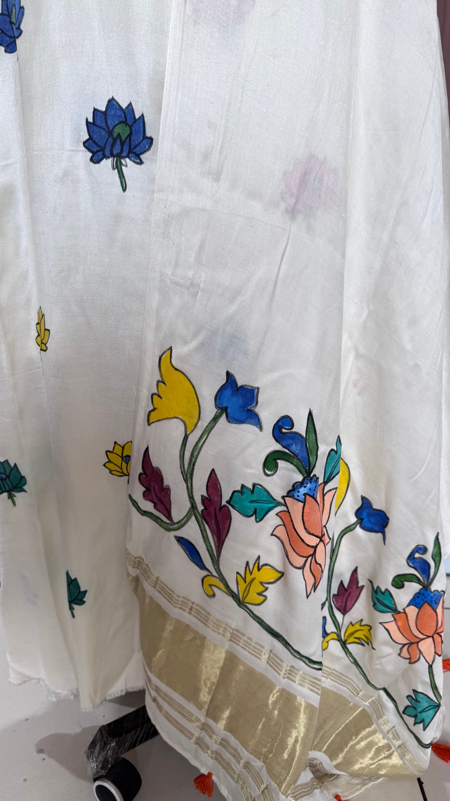 Off White Lotus Motif Hand Painted 2 Piece Suit Material with Modal Silk Lagdi Patti Dupatta