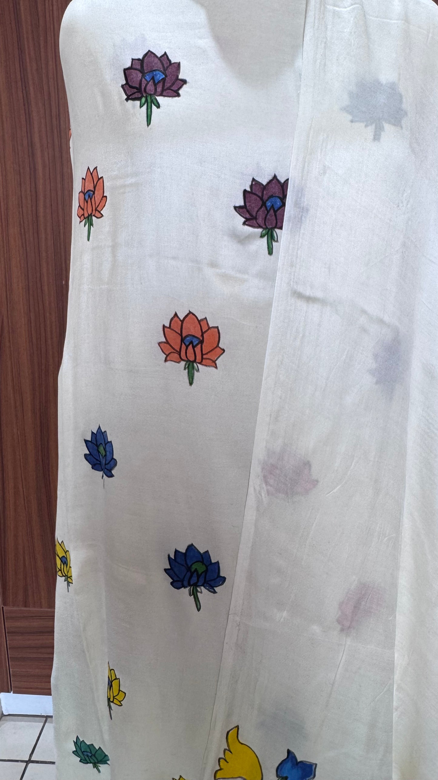 Off White Lotus Motif Hand Painted 2 Piece Suit Material with Modal Silk Lagdi Patti Dupatta