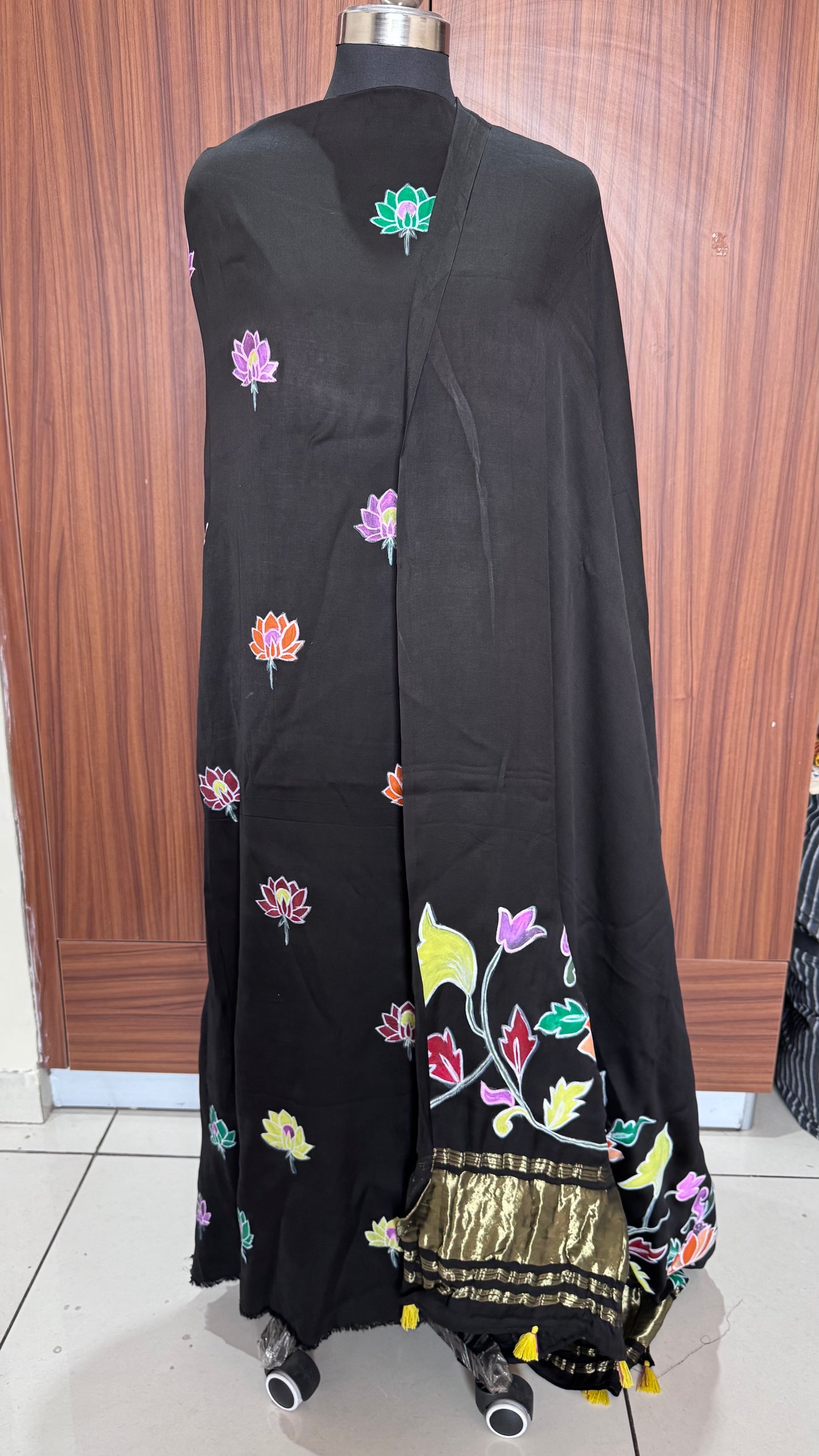 Black Lotus Motif Hand Painted 2 Piece Suit Material with Modal Silk Lagdi Patti Dupatta