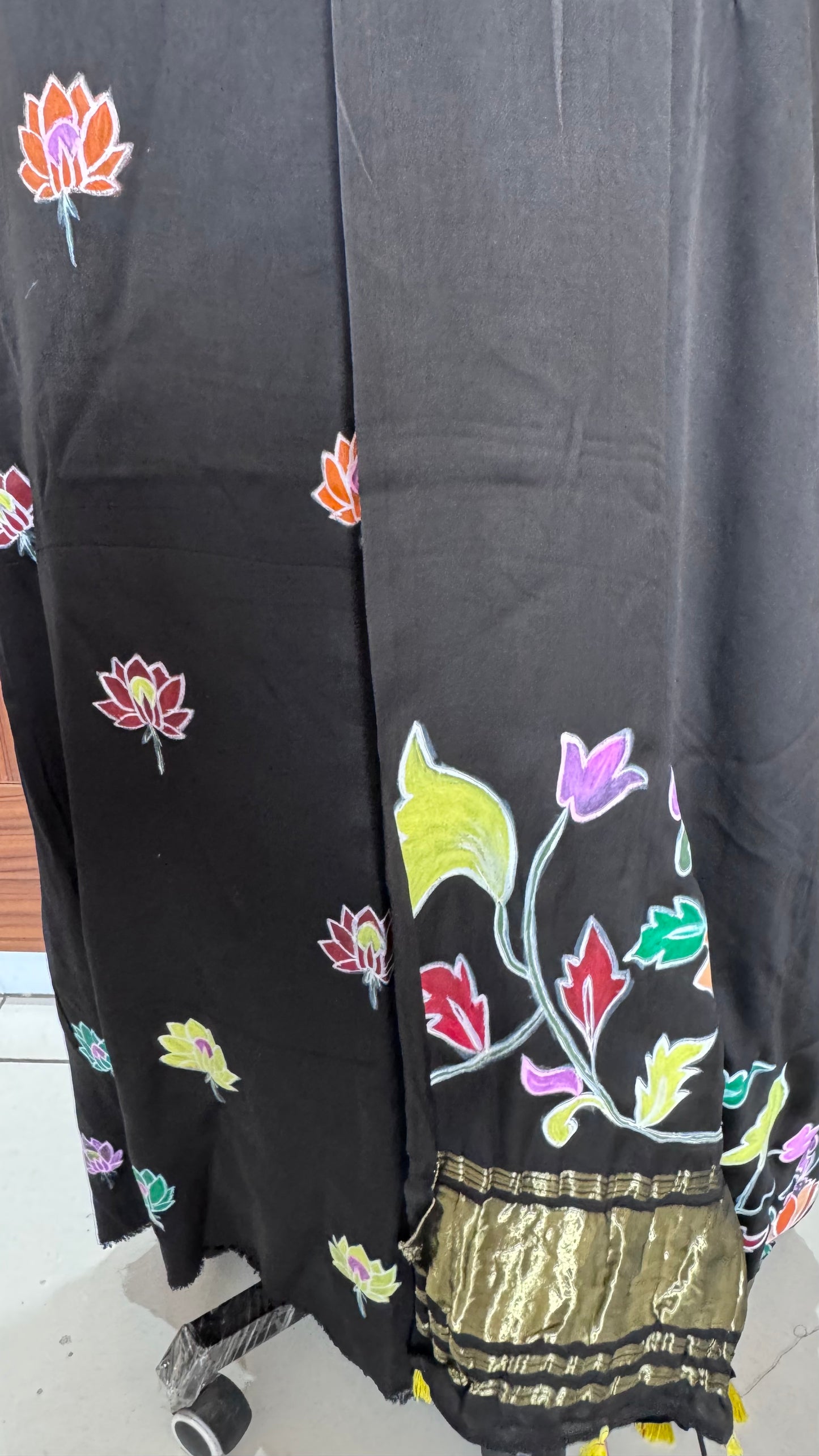 Black Lotus Motif Hand Painted 2 Piece Suit Material with Modal Silk Lagdi Patti Dupatta