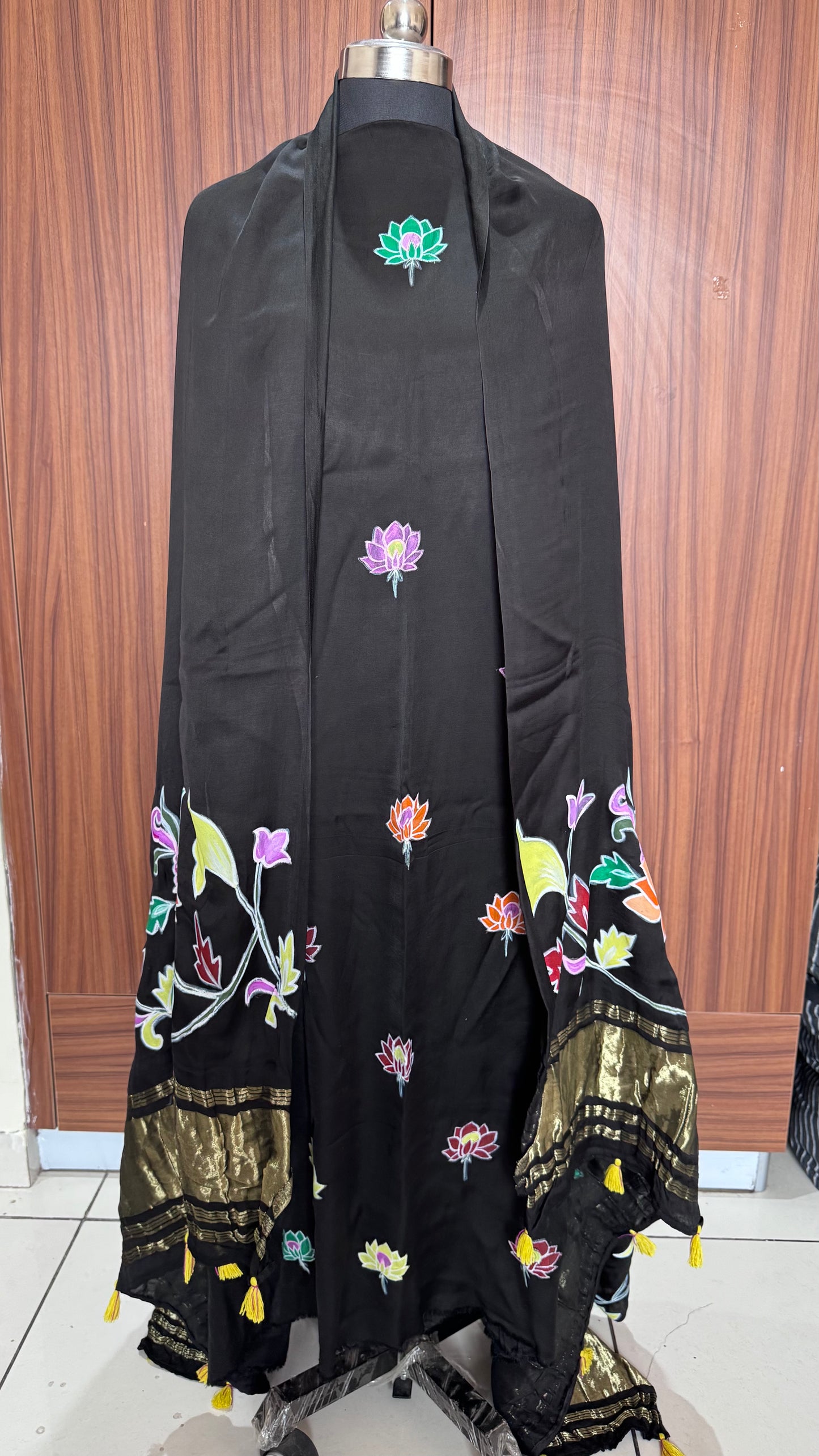 Black Lotus Motif Hand Painted 2 Piece Suit Material with Modal Silk Lagdi Patti Dupatta