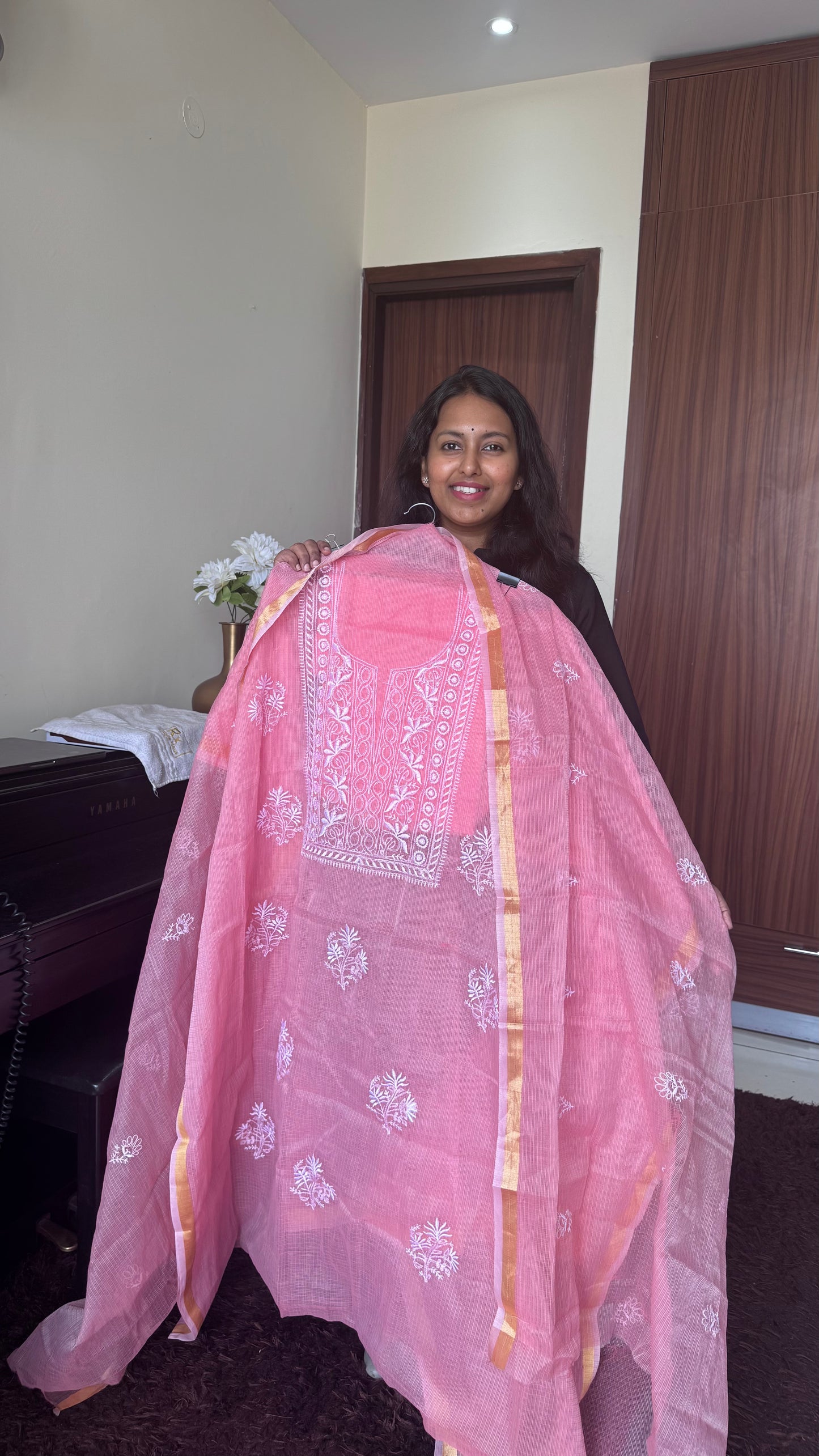 Soft Pink Kota-Doria 3 Piece Suit Set with Chikankari Embroidery and Kota Doria Dupatta