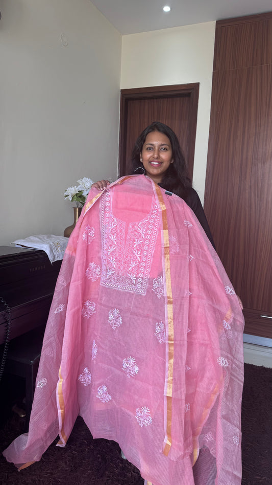 Soft Pink Kota-Doria 3 Piece Suit Set with Chikankari Embroidery and Kota Doria Dupatta
