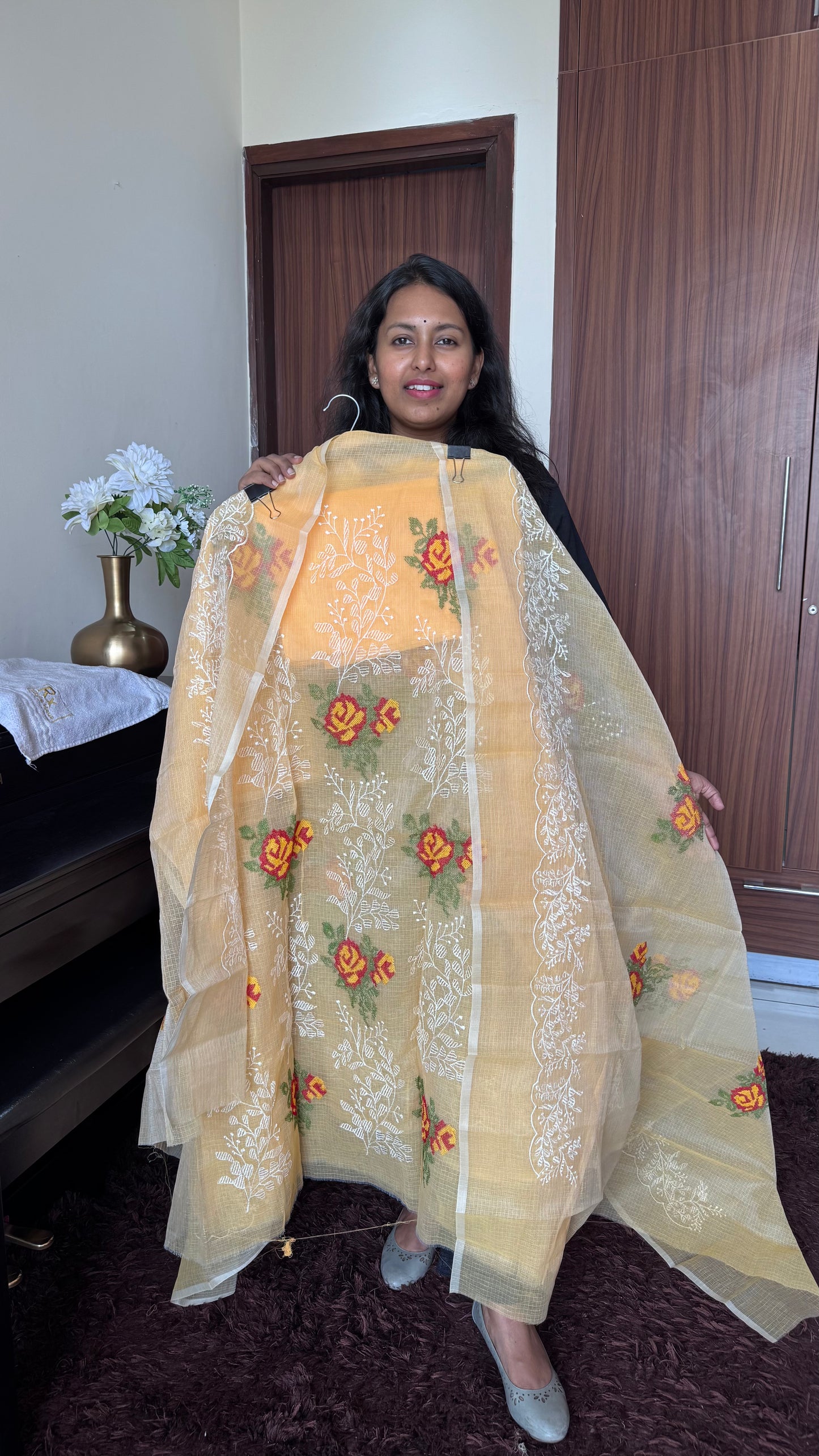 Peach Fuzz Kota-Doria 3 Piece Suit Set with Cross Stitch Embroidery and Kota Doria Dupatta