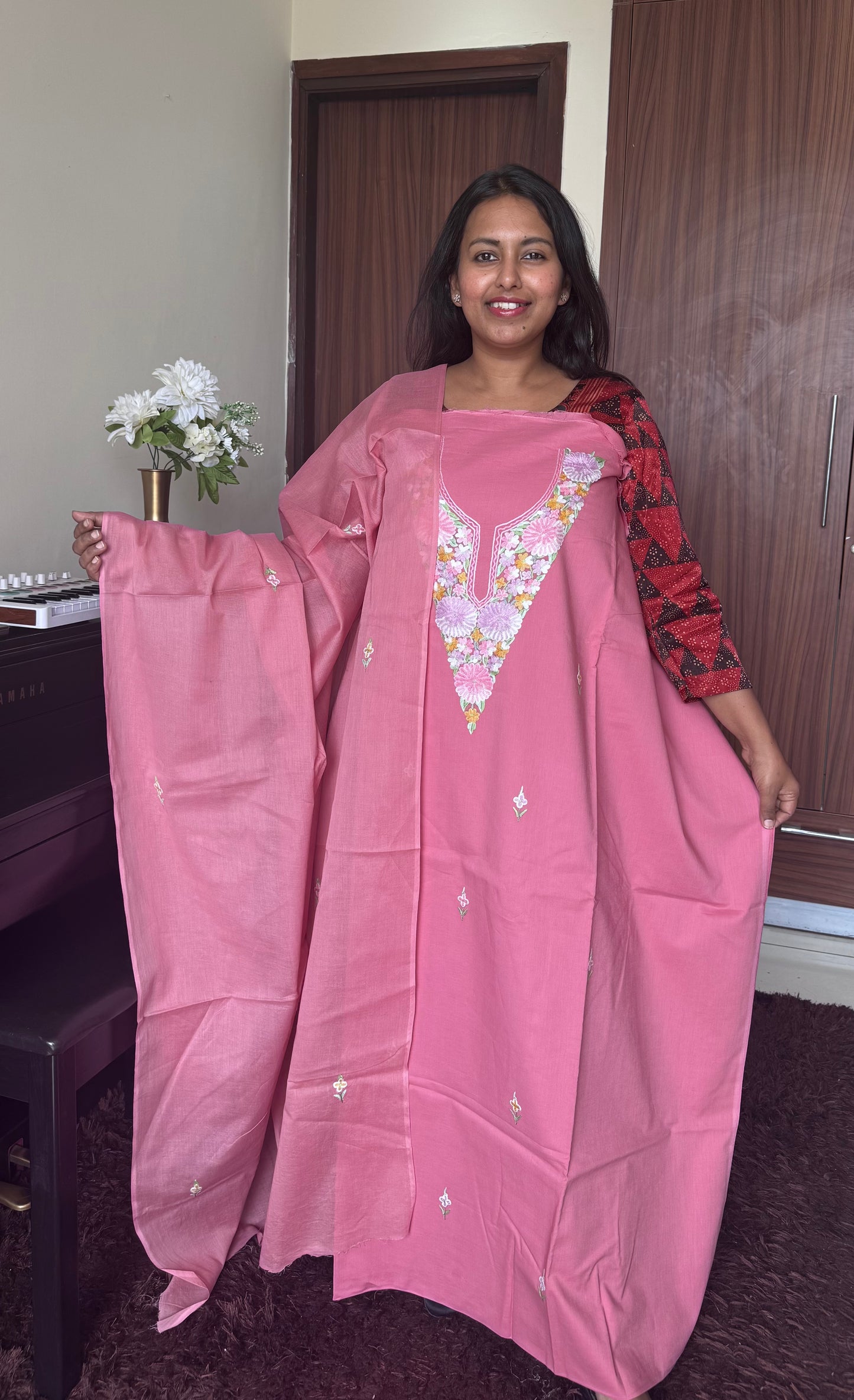 Soft Coral pink Mul Cotton Kashmiri Aari Embroidered 3pc Suit Set