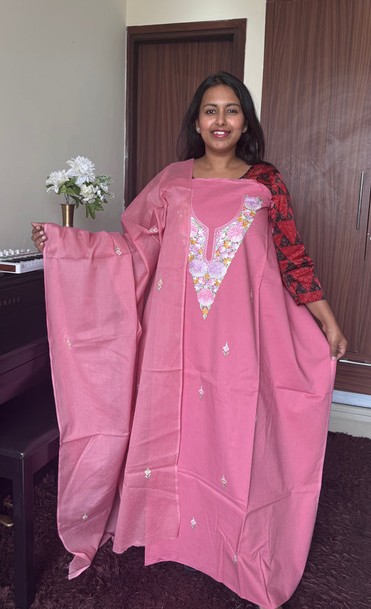 Soft Coral pink Mul Cotton Kashmiri Aari Embroidered 3pc Suit Set