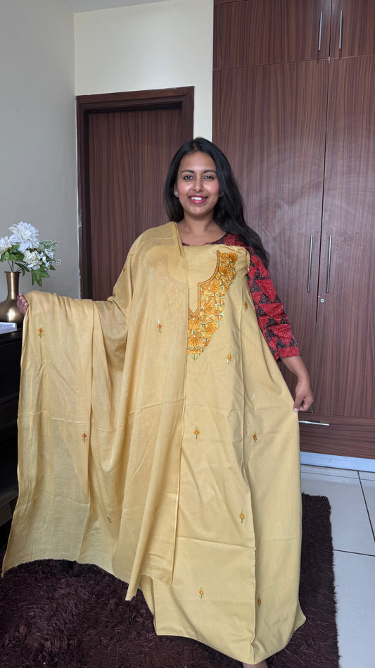 Soft Mustard Mul Cotton Kashmiri Aari Embroidered 3pc Suit Set