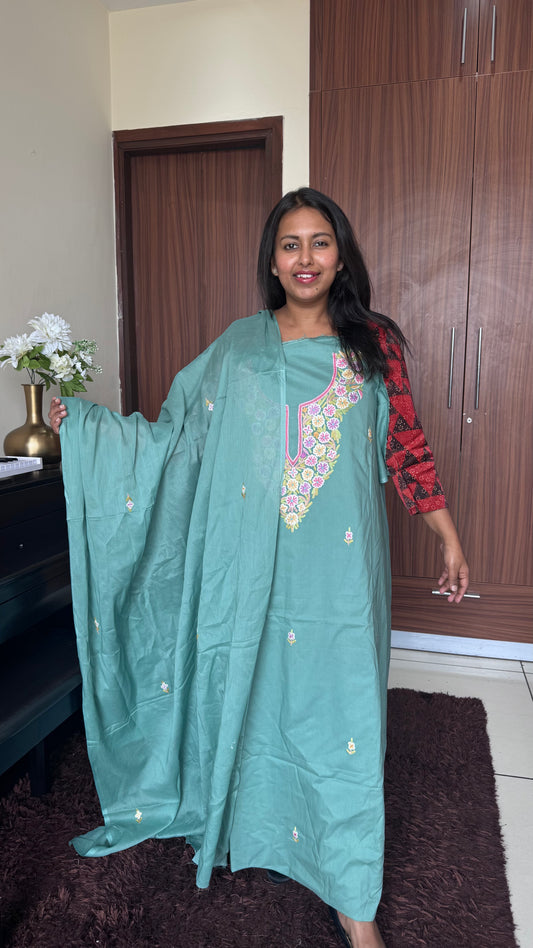Soft Aqua Mul Cotton Kashmiri Aari Embroidered 3pc Suit Set