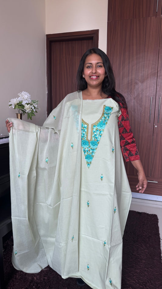 Soft Mint Green Mul Cotton Kashmiri Aari Embroidered 3pc Suit Set