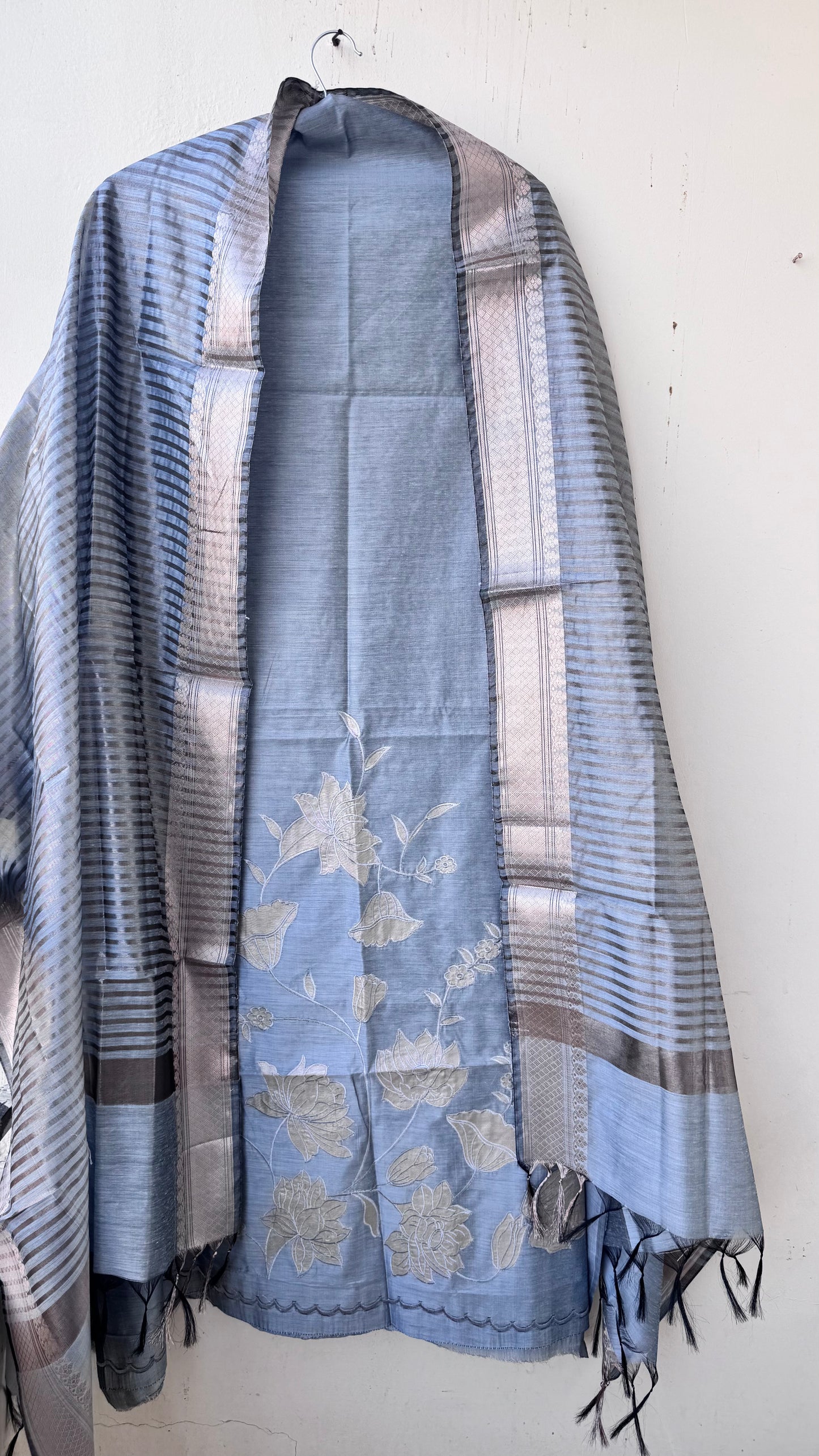 Aqua Blue Banarasi Cotton Silk 3-Piece Suit Set with Applique Work