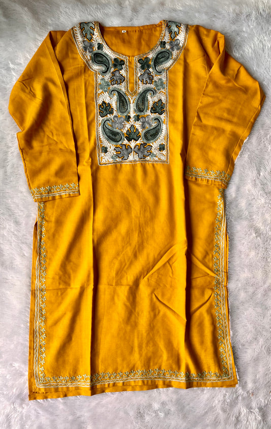 Mustard Shade Floral Kashmiri Aari Work Cotton Kurti