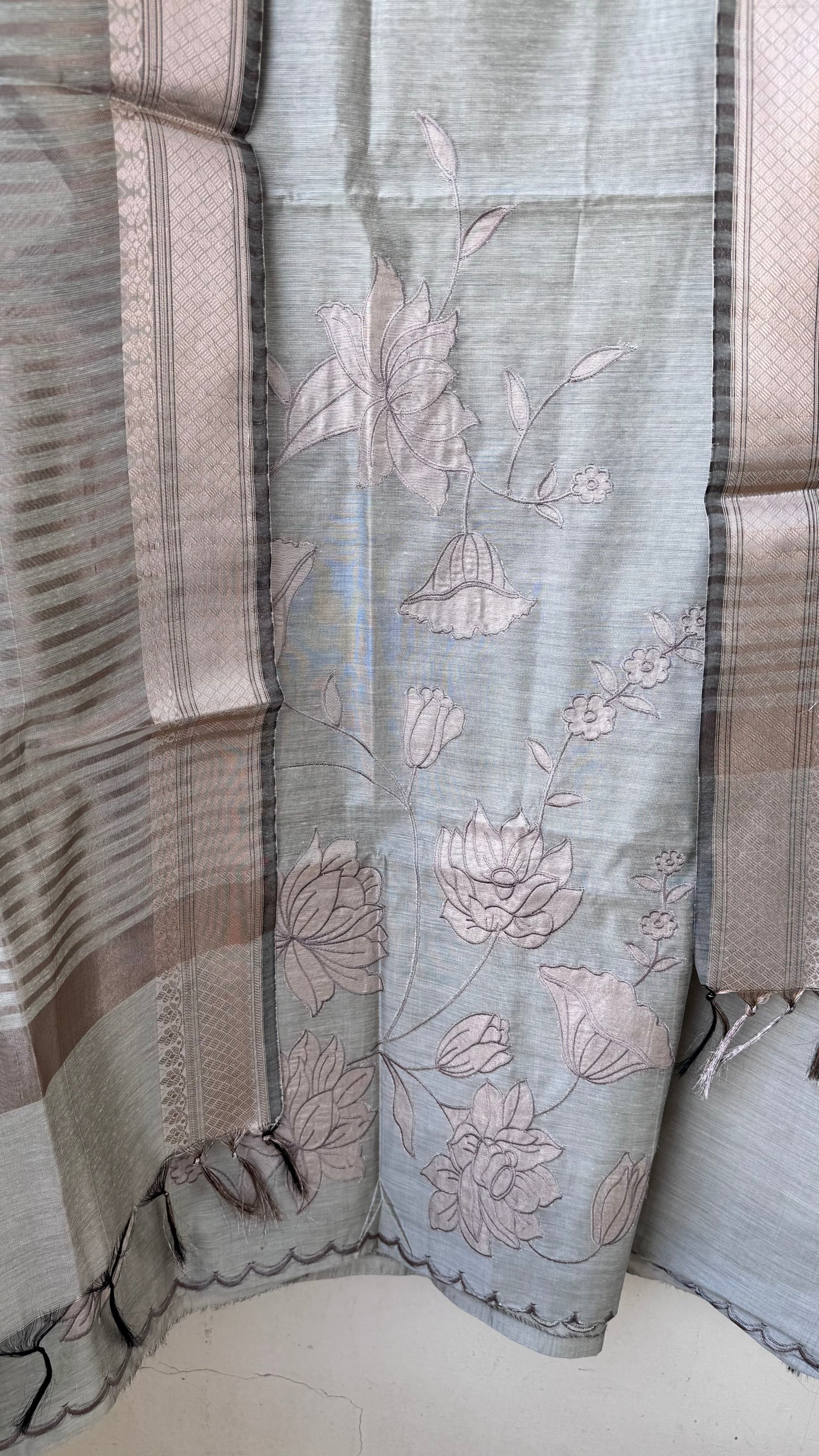 Pista Grey Banarasi Cotton Silk 3-Piece Suit Set with Applique Work