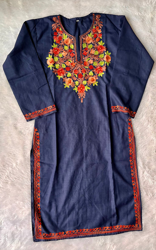 Navy Blue Multicolour Floral Kashmiri Aari Work Embroidered Kurti