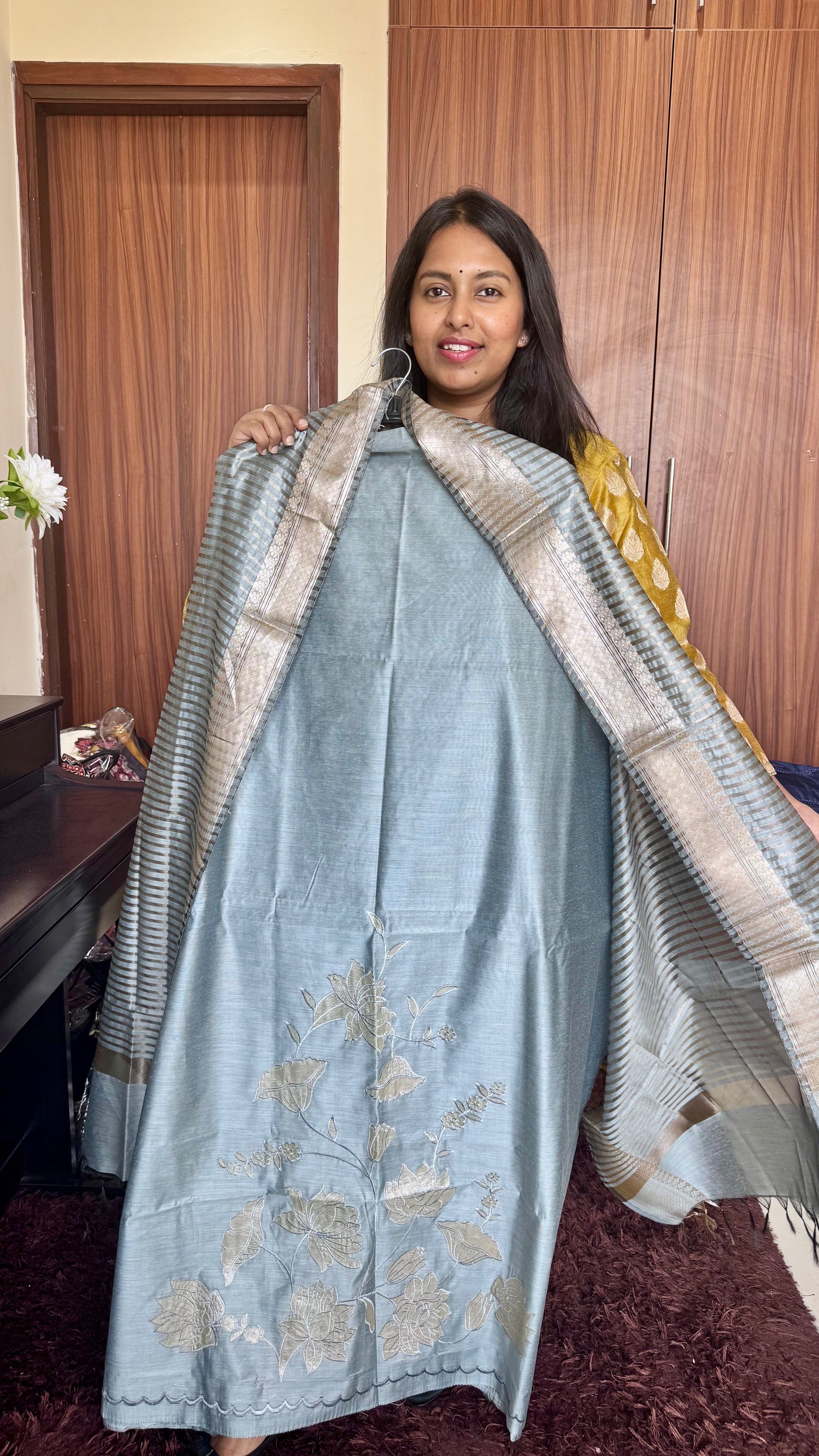 Aqua Blue Banarasi Cotton Silk 3-Piece Suit Set with Applique Work