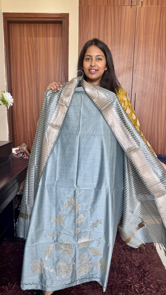 Aqua Blue Banarasi Cotton Silk 3-Piece Suit Set with Applique Work