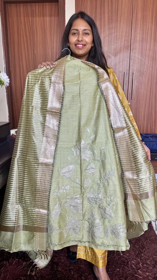 Leaf Green Banarasi Cotton Silk 3-Piece Suit Set with Applique Work