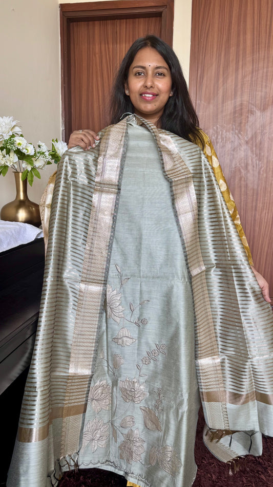 Pista Grey Banarasi Cotton Silk 3-Piece Suit Set with Applique Work