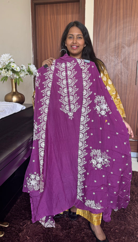 Faalsi Purple Mul Chanderi 3 pc Suit Set with Embroidery on Yoke and Dupatta