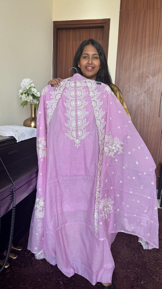Mauve Mul Chanderi 3 pc Suit Set with Embroidery on Yoke and Dupatta