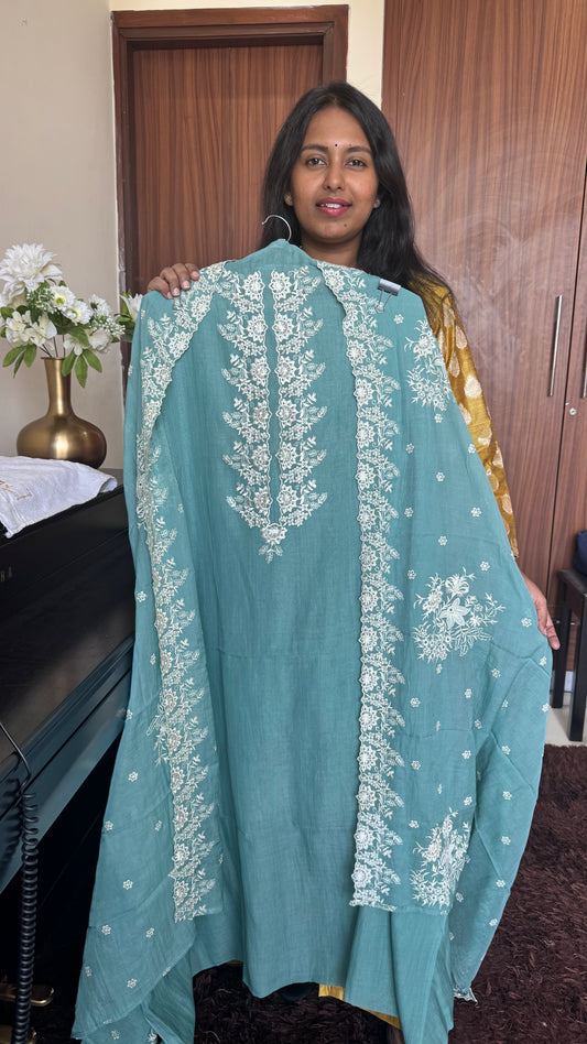 Turquoise Blue Mul Chanderi 3 pc Suit Set with Embroidery on Yoke and Dupatta