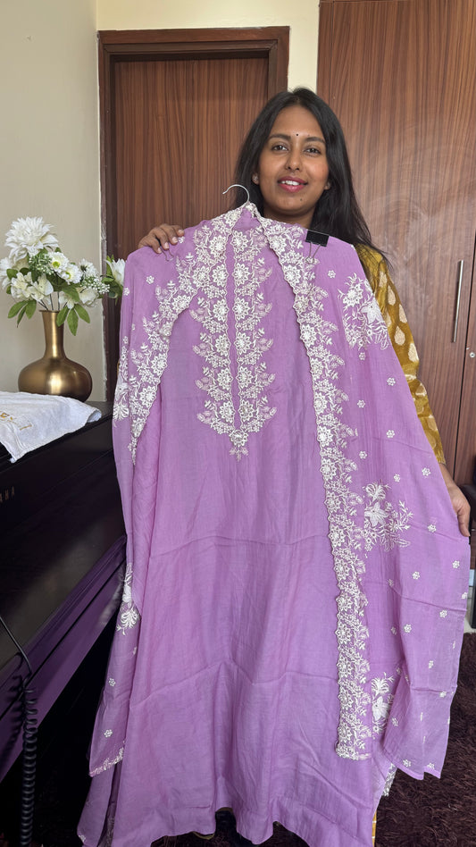 Orchid Shade Mul Chanderi 3 pc Suit Set with Embroidery on Yoke and Dupatta