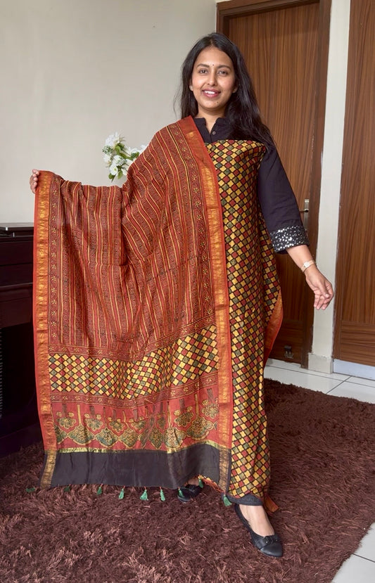 Red Honeycomb Strips Motif Hand Block Ajrakh Printed Maheshwari Silk Cotton 2 Piece Suit Set