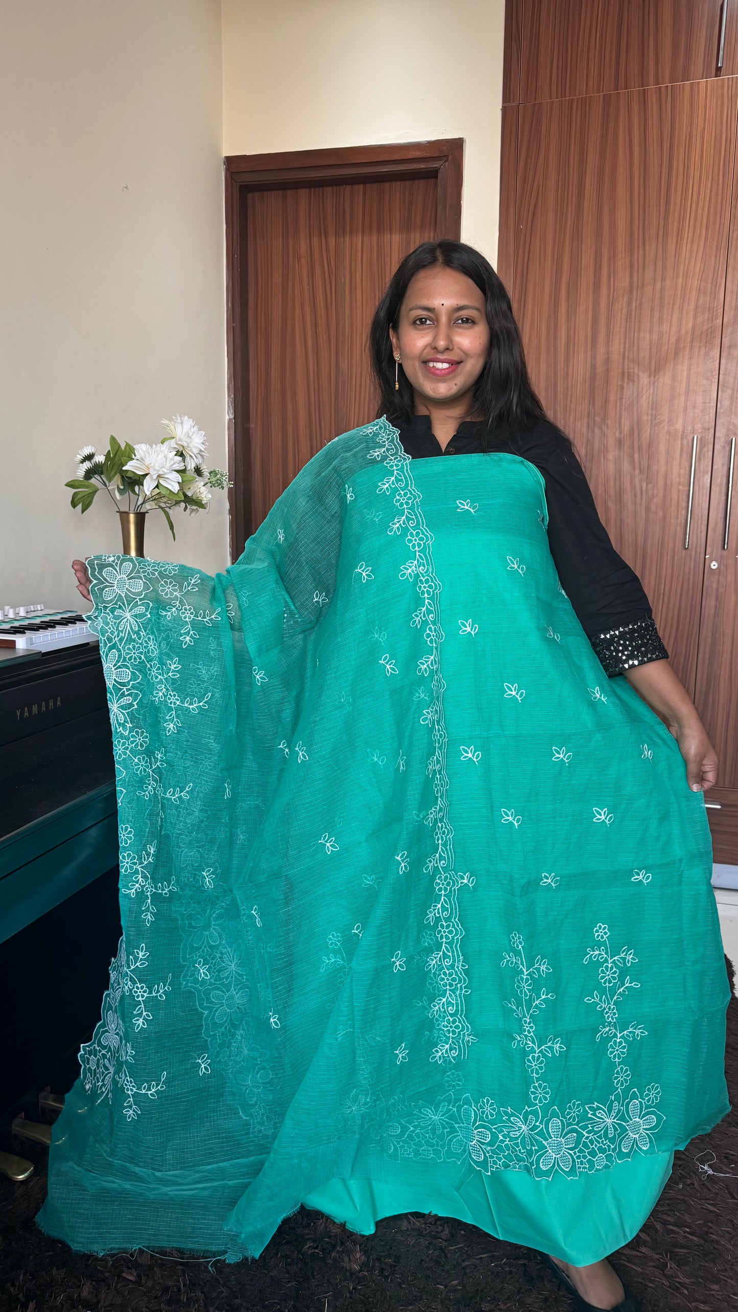 Aqua Green Kota-Doria 3 Piece Suit Set with Applique Embroidery and Kota Doria Dupatta
