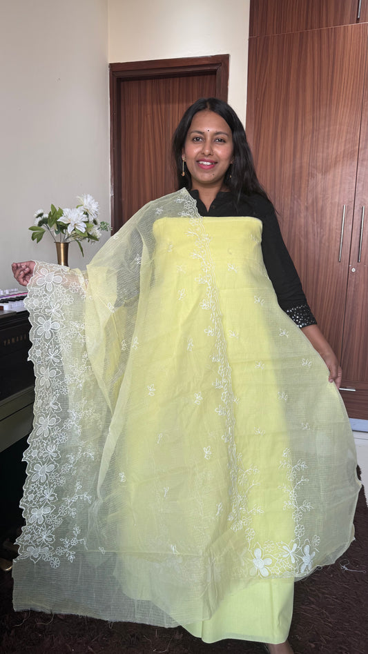 Soft Yellow Kota-Doria 3 Piece Suit Set with Applique Embroidery and Kota Doria Dupatta