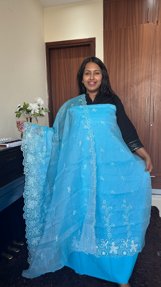 Sky Blue Kota-Doria 3 Piece Suit Set with Applique Embroidery and Kota Doria Dupatta